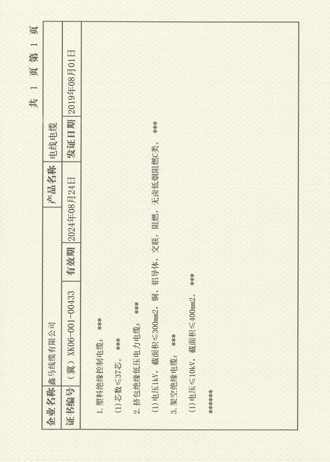 鑫馬線纜證書(shū) 